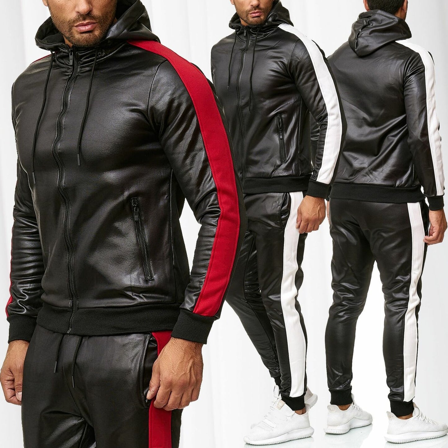 PU Leather Hoodies 2 Set Tracksuits