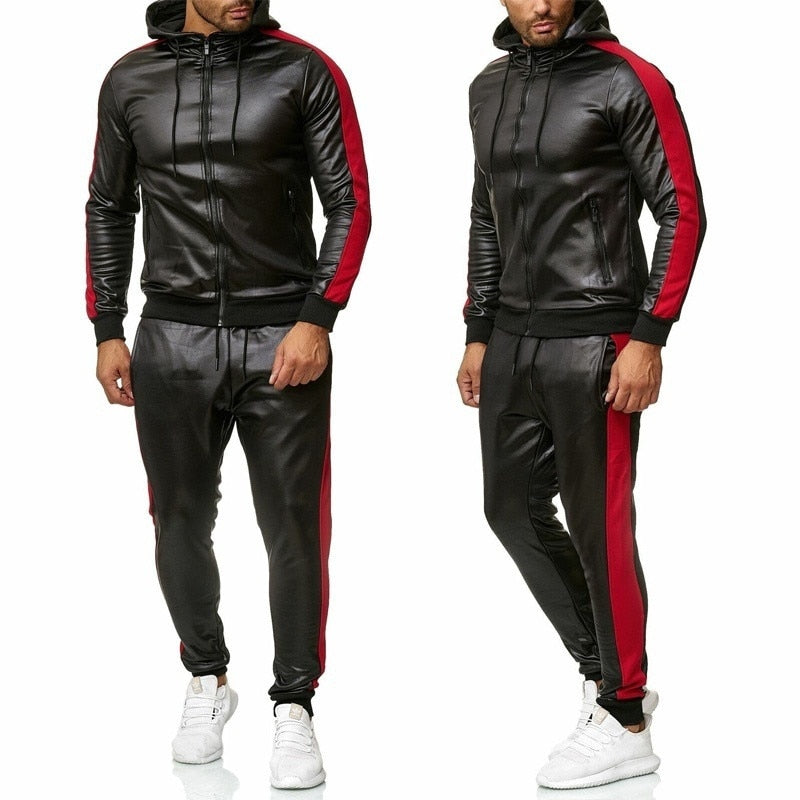 PU Leather Hoodies 2 Set Tracksuits