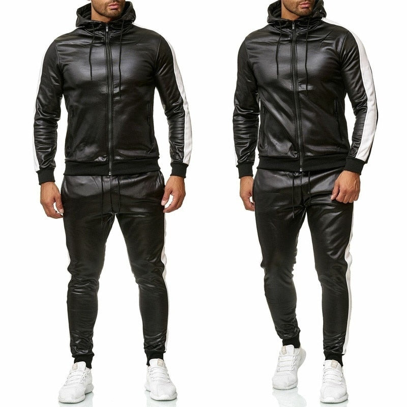 PU Leather Hoodies 2 Set Tracksuits