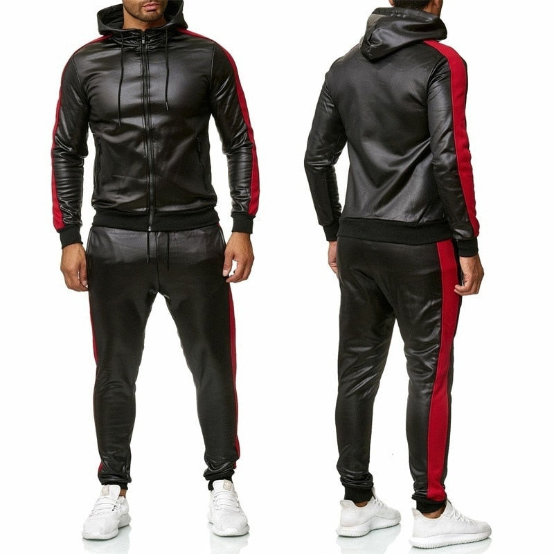 PU Leather Hoodies 2 Set Tracksuits