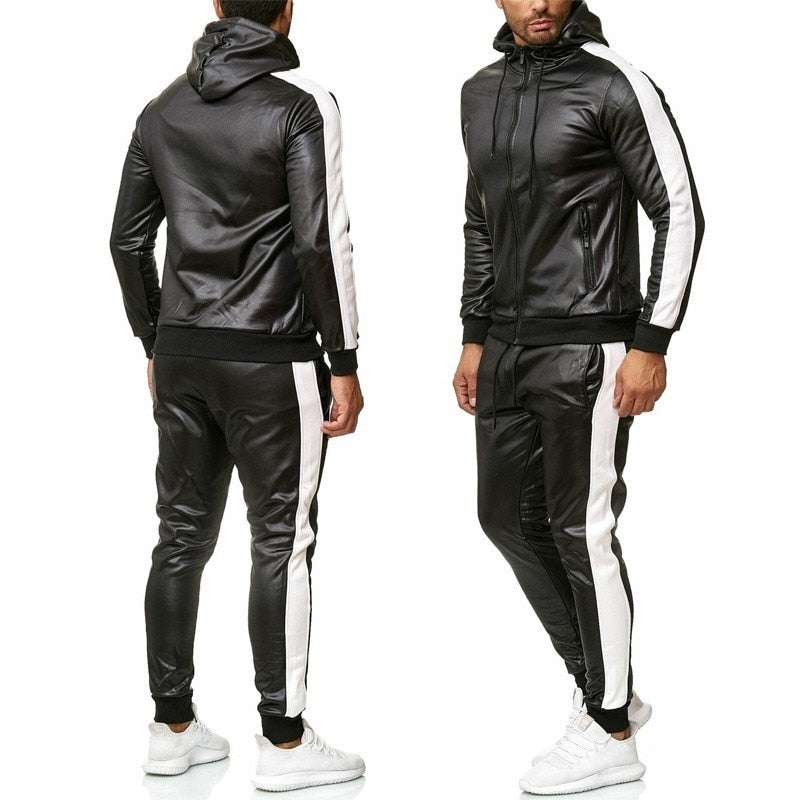 PU Leather Hoodies 2 Set Tracksuits