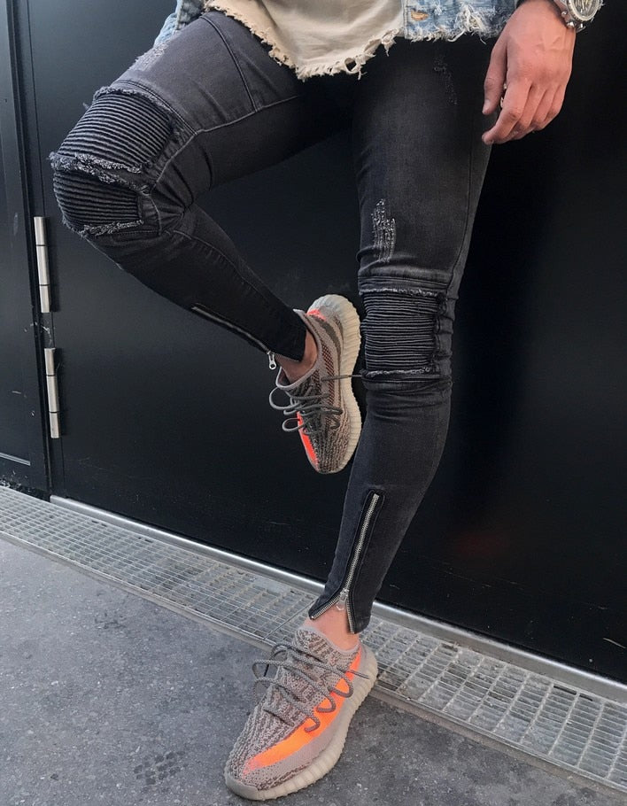Zipper Ripped Biker Jeans