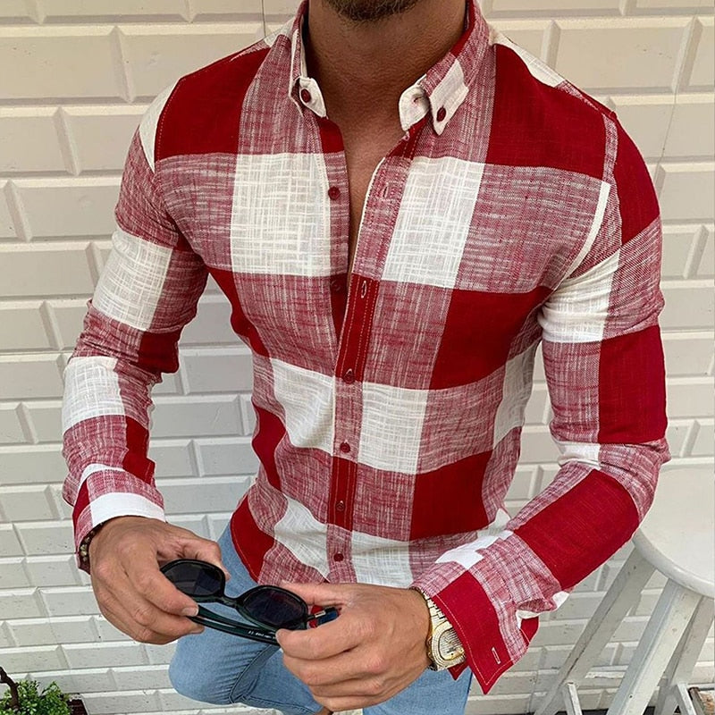 Fc Plaid Lapel Slim Fit Shirts