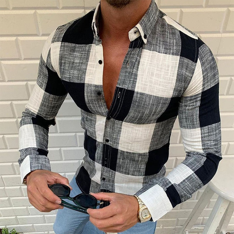 Fc Plaid Lapel Slim Fit Shirts