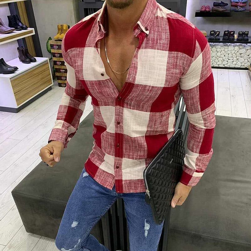 Fc Plaid Lapel Slim Fit Shirts