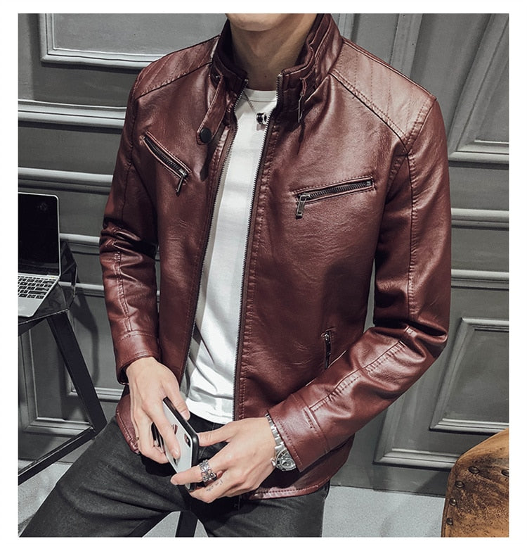 Fashion Stand Collar Zipper Leather Jacket