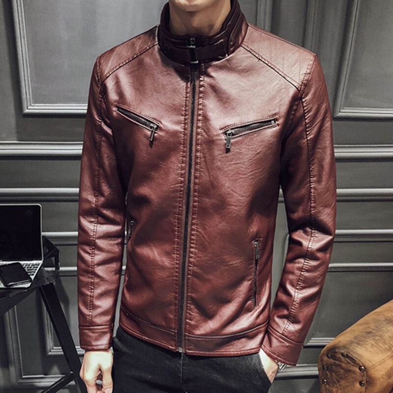 Fashion Stand Collar Zipper Leather Jacket