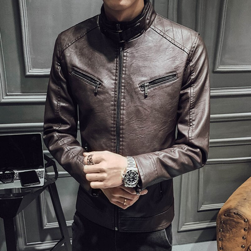 Fashion Stand Collar Zipper Leather Jacket