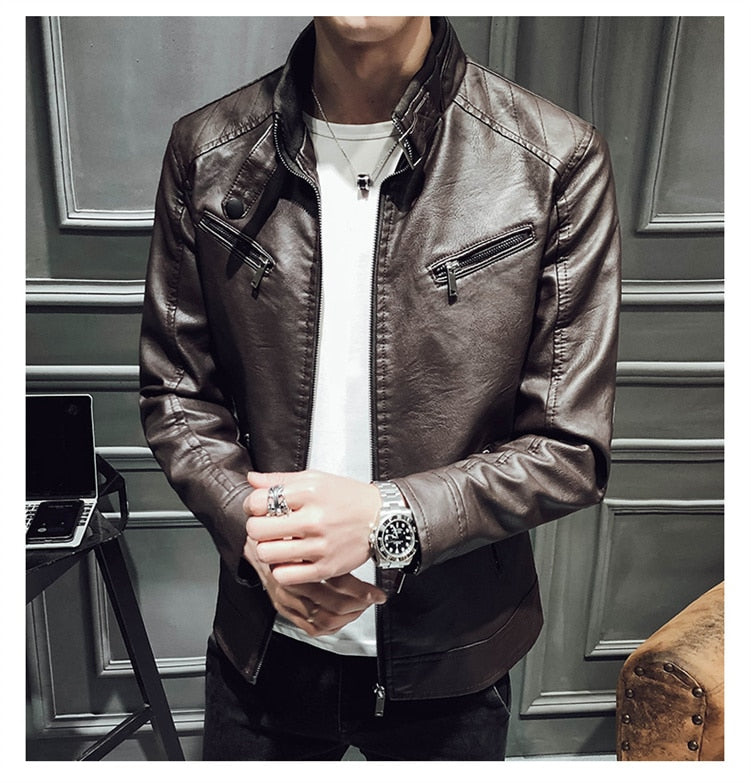 Fashion Stand Collar Zipper Leather Jacket