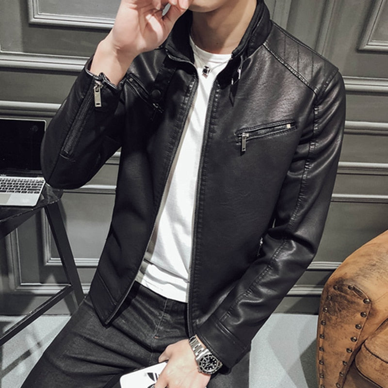Fashion Stand Collar Zipper Leather Jacket