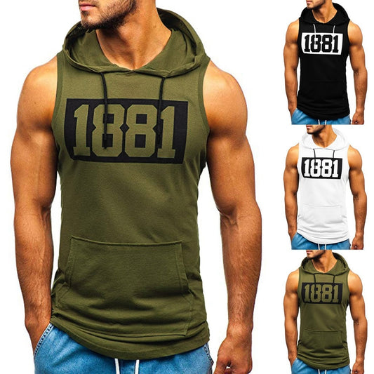 Print Sleeveless Hooded Pocket Shirt