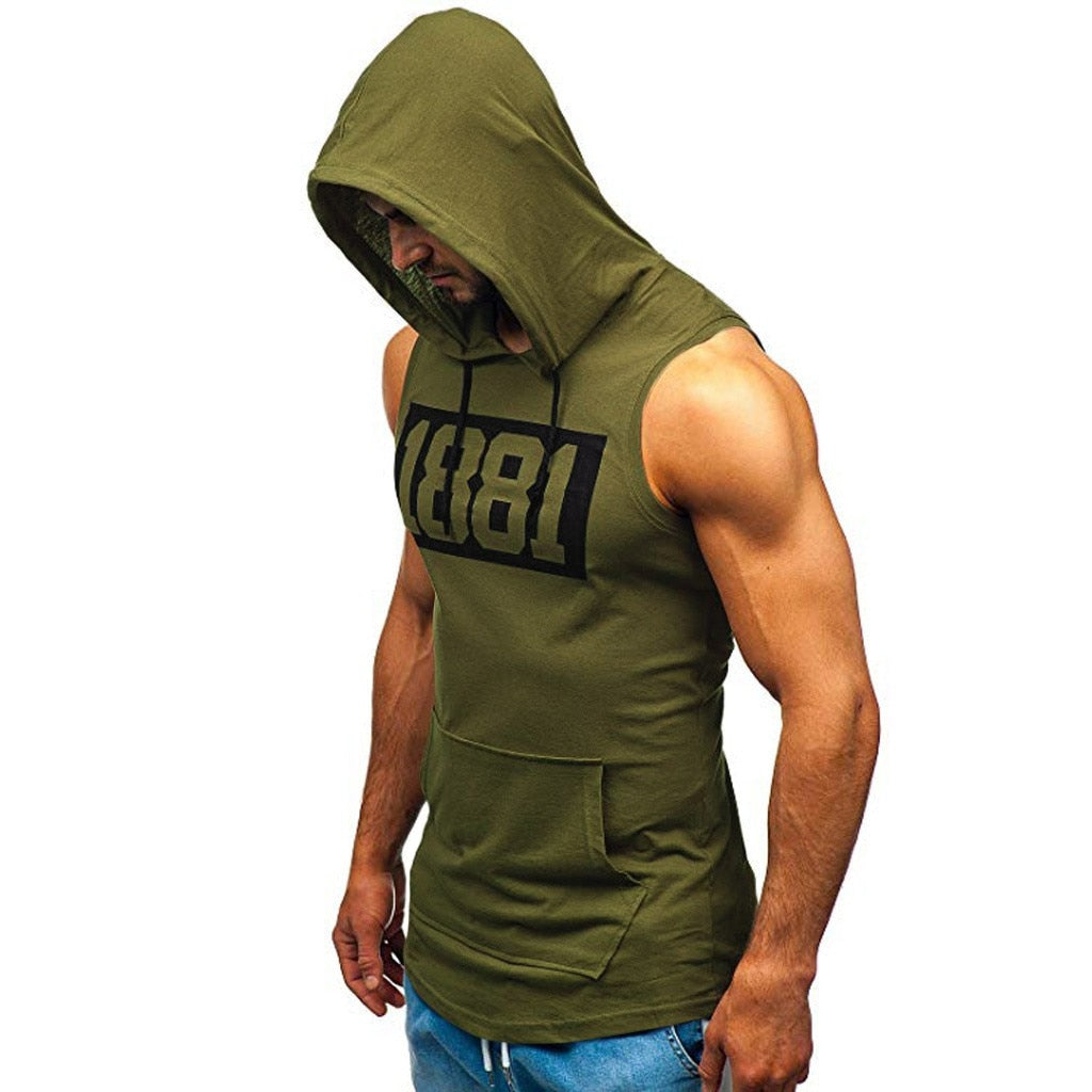 Print Sleeveless Hooded Pocket Shirt