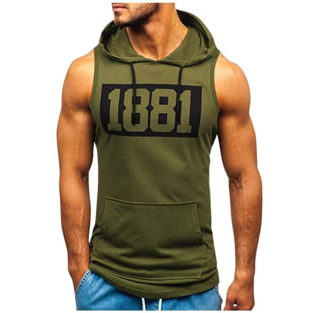 Print Sleeveless Hooded Pocket Shirt