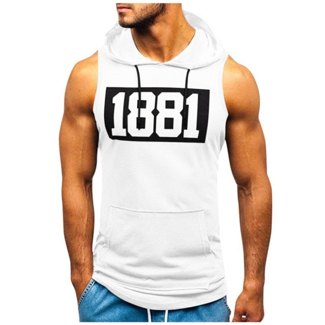 Print Sleeveless Hooded Pocket Shirt