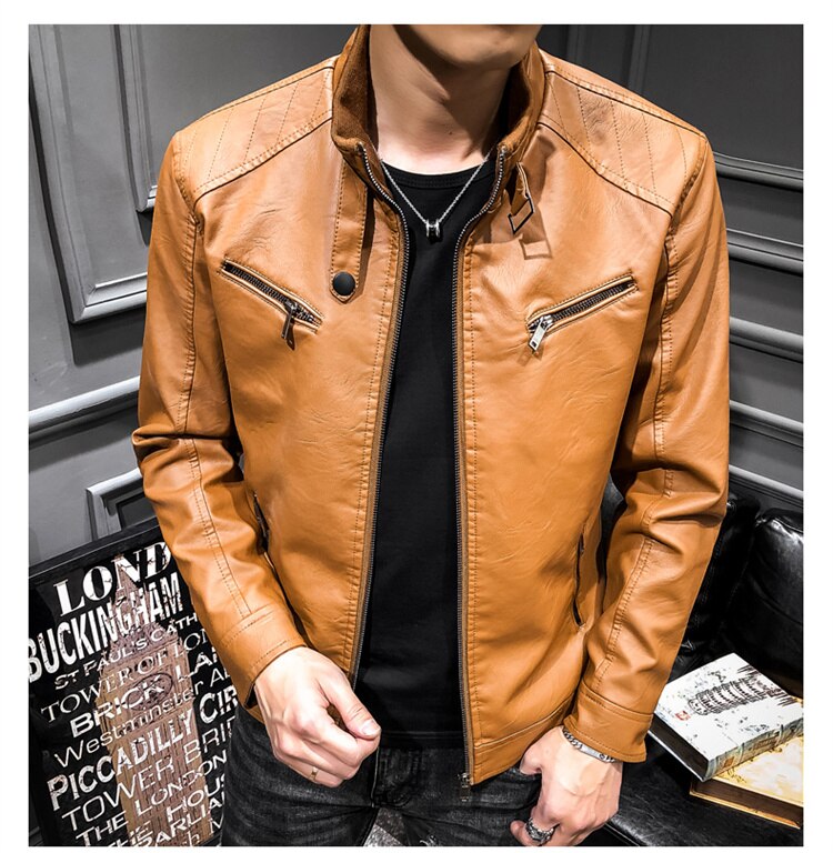 Fashion Stand Collar Zipper Leather Jacket