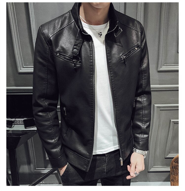 Fashion Stand Collar Zipper Leather Jacket