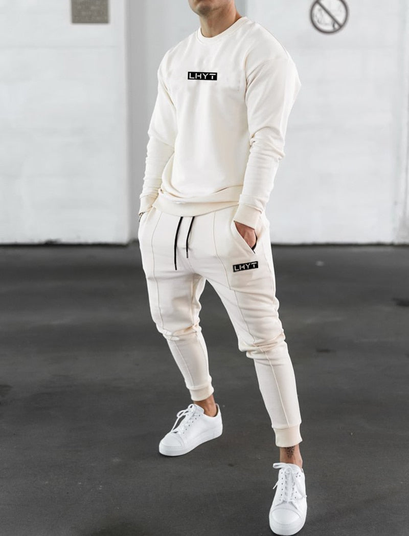 Men Fashion Printed Muscle Sports Sweatshirt & Joggers Pants