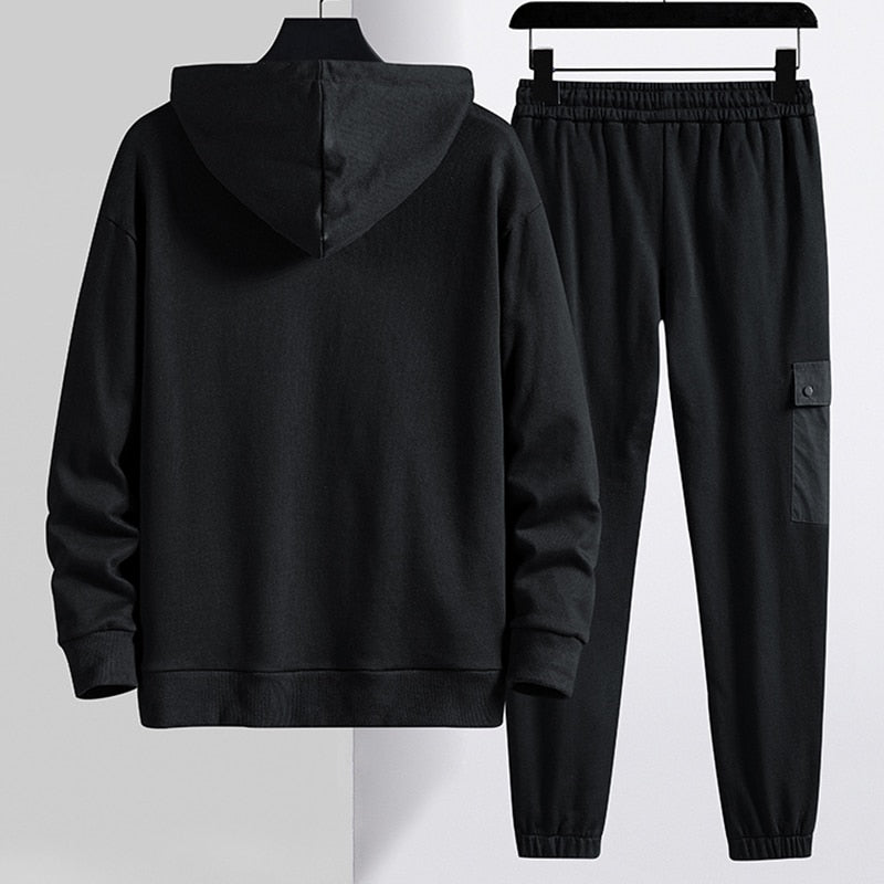 Men Streetwear Black Grey Pullover Hoodie + Pants Tracksuits