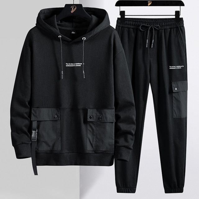 Men Streetwear Black Grey Pullover Hoodie + Pants Tracksuits